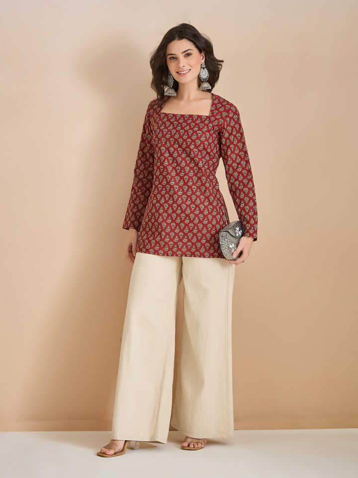 Divena Women Floral Print Pure Cotton Straight Fit Maroon Top