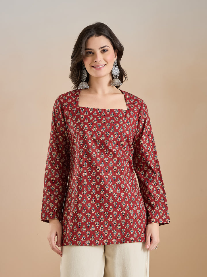 Divena Women Floral Print Pure Cotton Straight Fit Maroon Top
