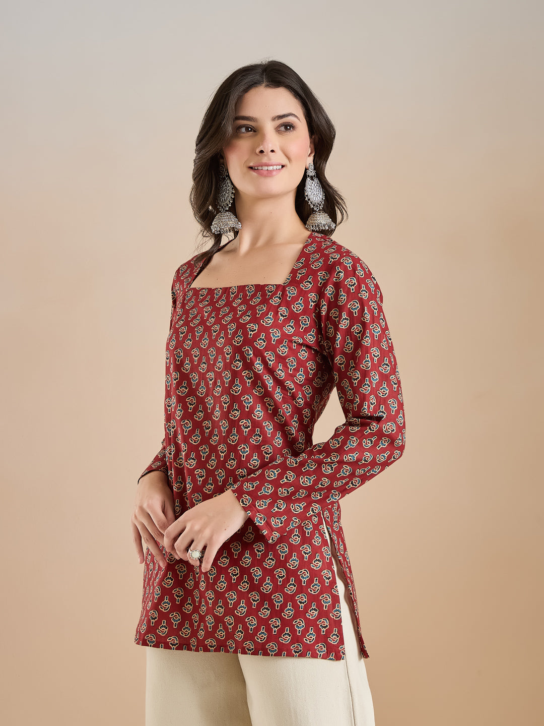 Divena Women Floral Print Pure Cotton Straight Fit Maroon Top