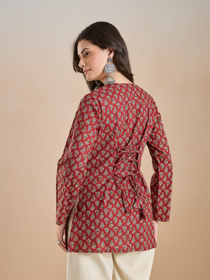 Divena Women Floral Print Pure Cotton Straight Fit Maroon Top