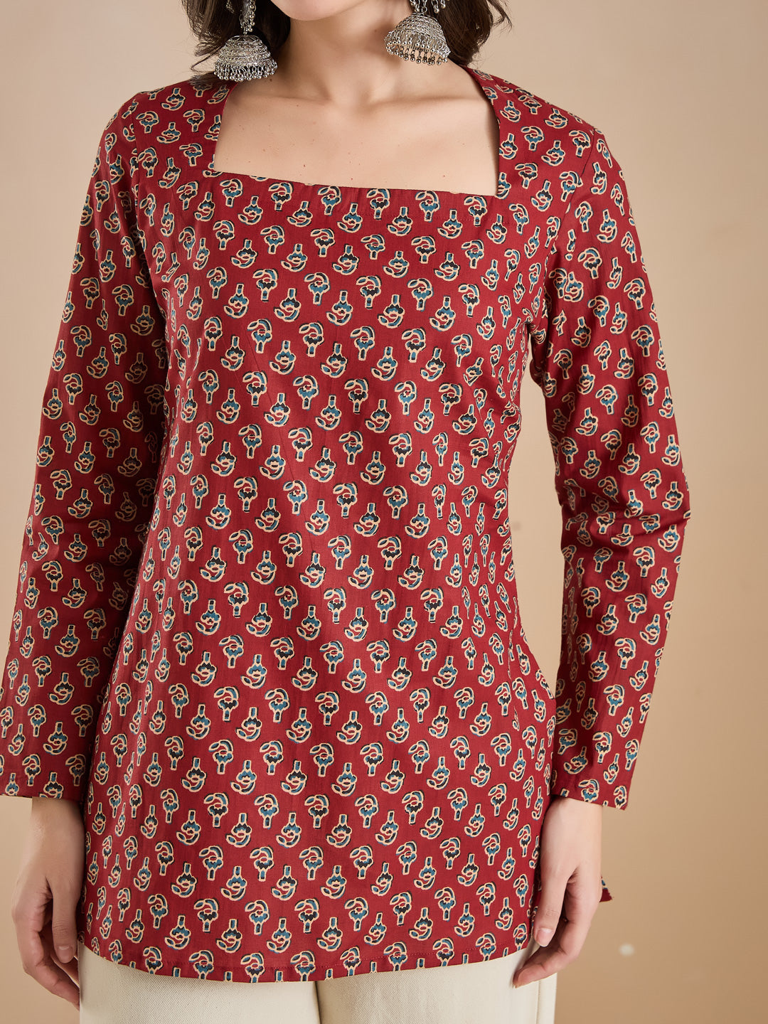 Divena Women Floral Print Pure Cotton Straight Fit Maroon Top