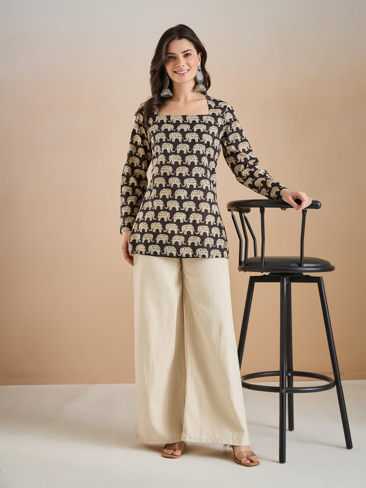 Divena Women Quirky Print Pure Cotton Straight Fit Black Top