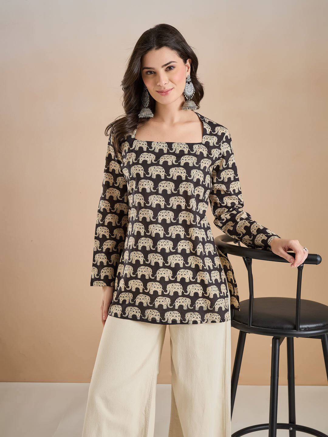 Divena Women Quirky Print Pure Cotton Straight Fit Black Top