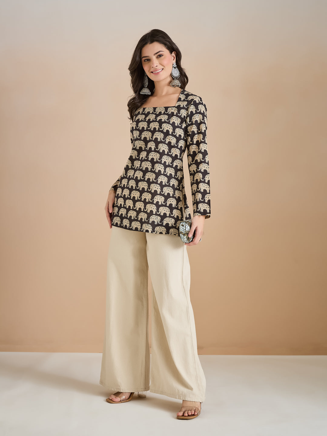 Divena Women Quirky Print Pure Cotton Straight Fit Black Top