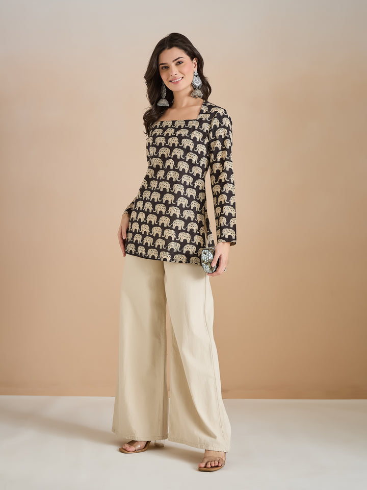 Divena Women Quirky Print Pure Cotton Straight Fit Black Top