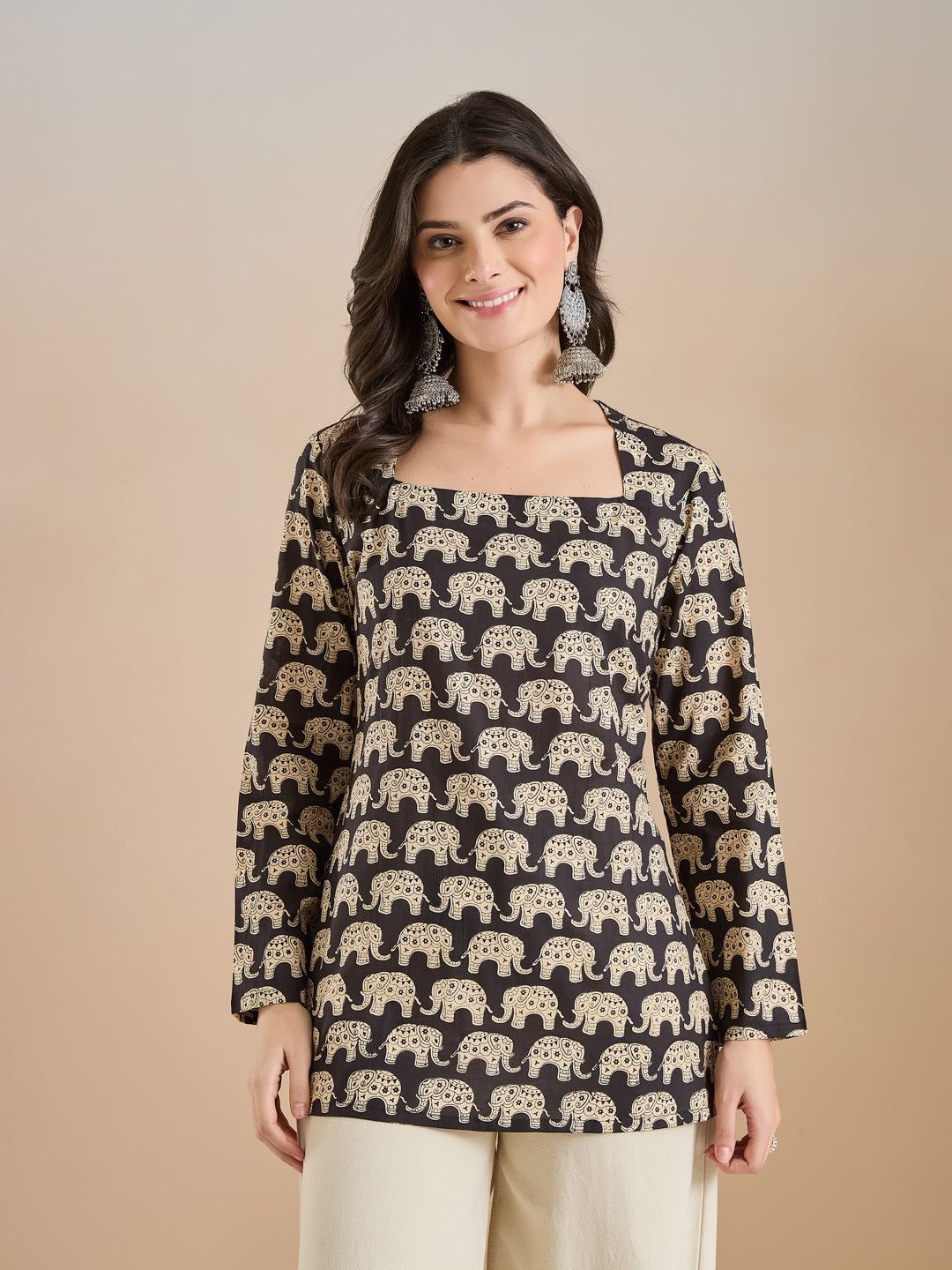 Divena Women Quirky Print Pure Cotton Straight Fit Black Top