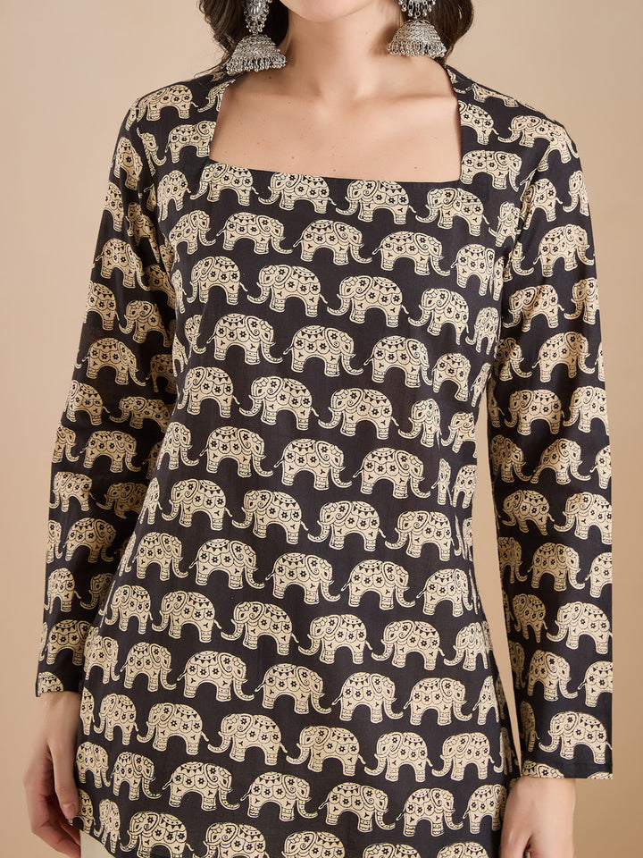 Divena Women Quirky Print Pure Cotton Straight Fit Black Top