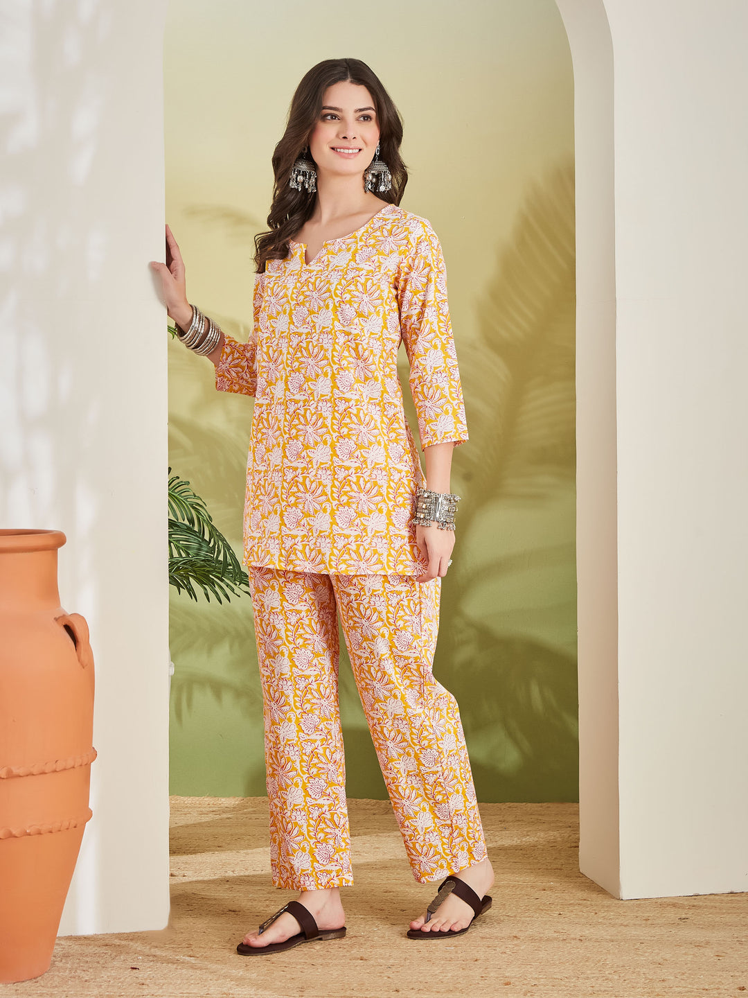 Divena Women Floral Printed Pure Cotton Orange Night suit