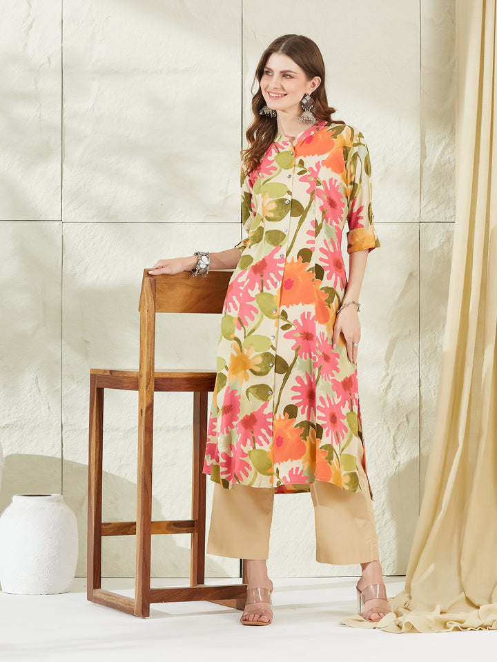 Divena Cream Rayon A-Line Kurta
