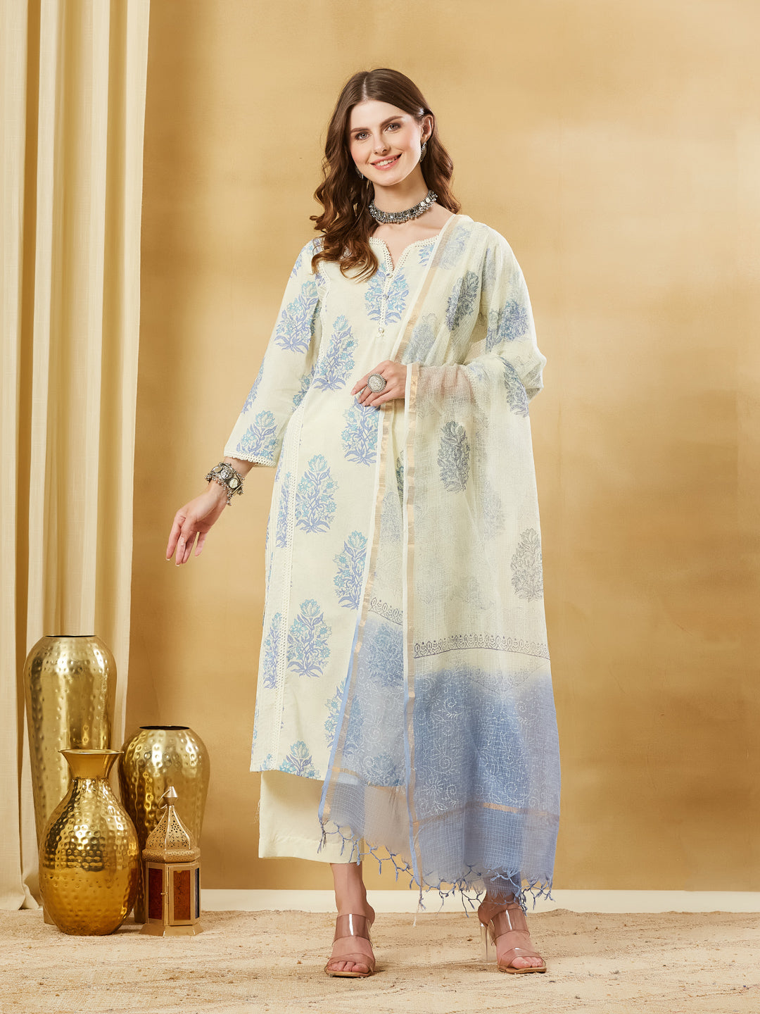 Divena Blue Cotton Zari work Kurta Pant Set With Dupatta