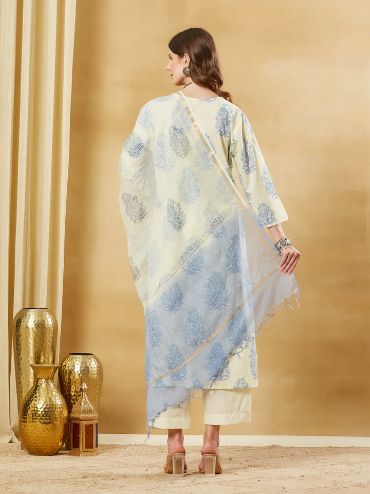Divena Blue Cotton Zari work Kurta Pant Set With Dupatta
