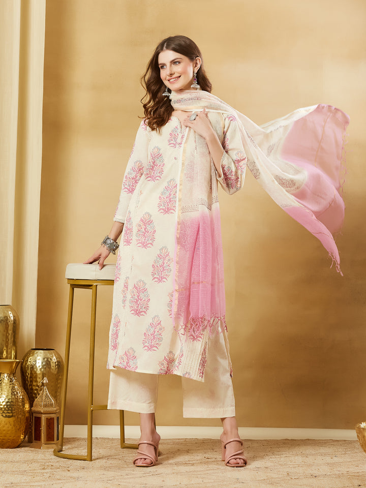 Divena Pink Cotton Zari Work Kurta Pant Set With Dupatta