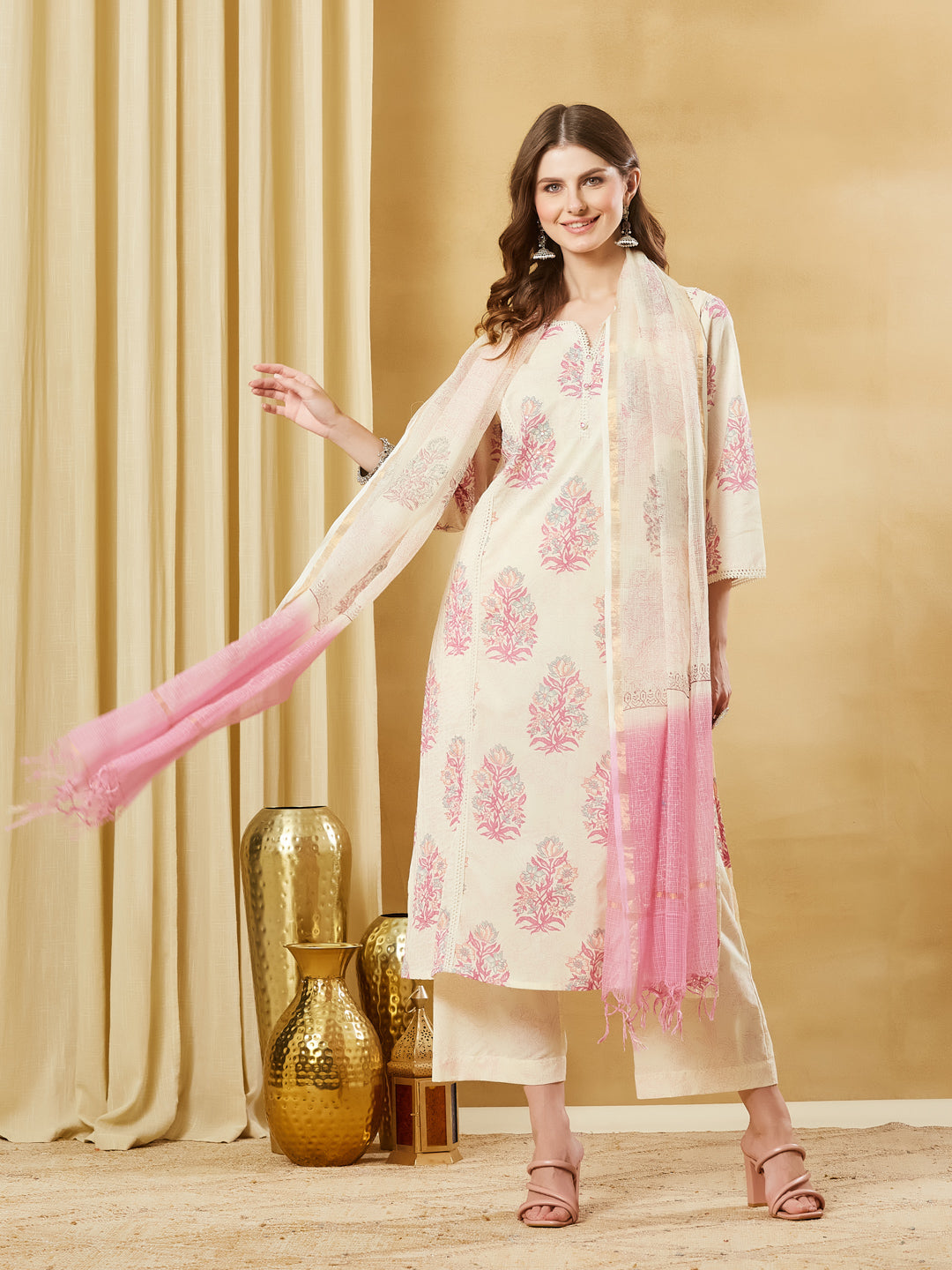 Divena Pink Cotton Zari Work Kurta Pant Set With Dupatta
