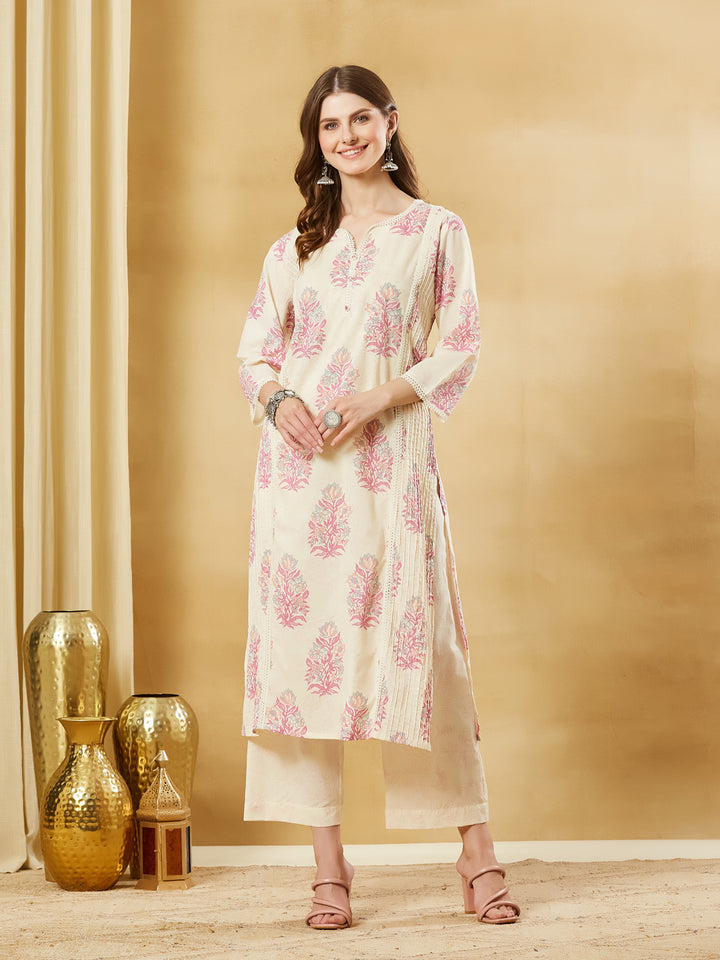 Divena Pink Cotton Zari Work Kurta Pant Set With Dupatta