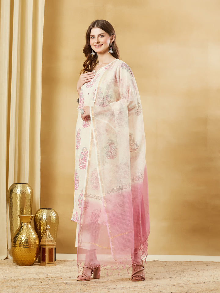 Divena Pink Cotton Zari Work Kurta Pant Set With Dupatta