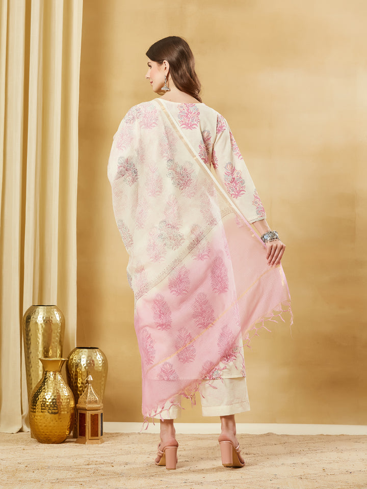 Divena Pink Cotton Zari Work Kurta Pant Set With Dupatta