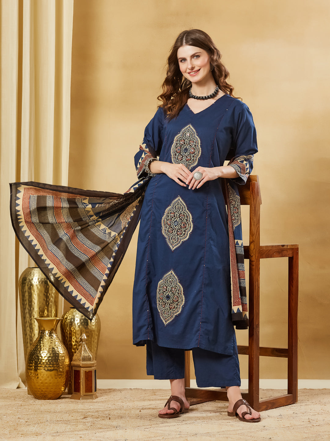 Divena Blue Ajrakh Print with Mirror Work Cotton Kurta Set With Dupatta