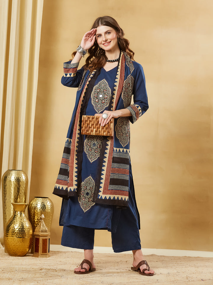 Divena Blue Ajrakh Print with Mirror Work Cotton Kurta Set With Dupatta