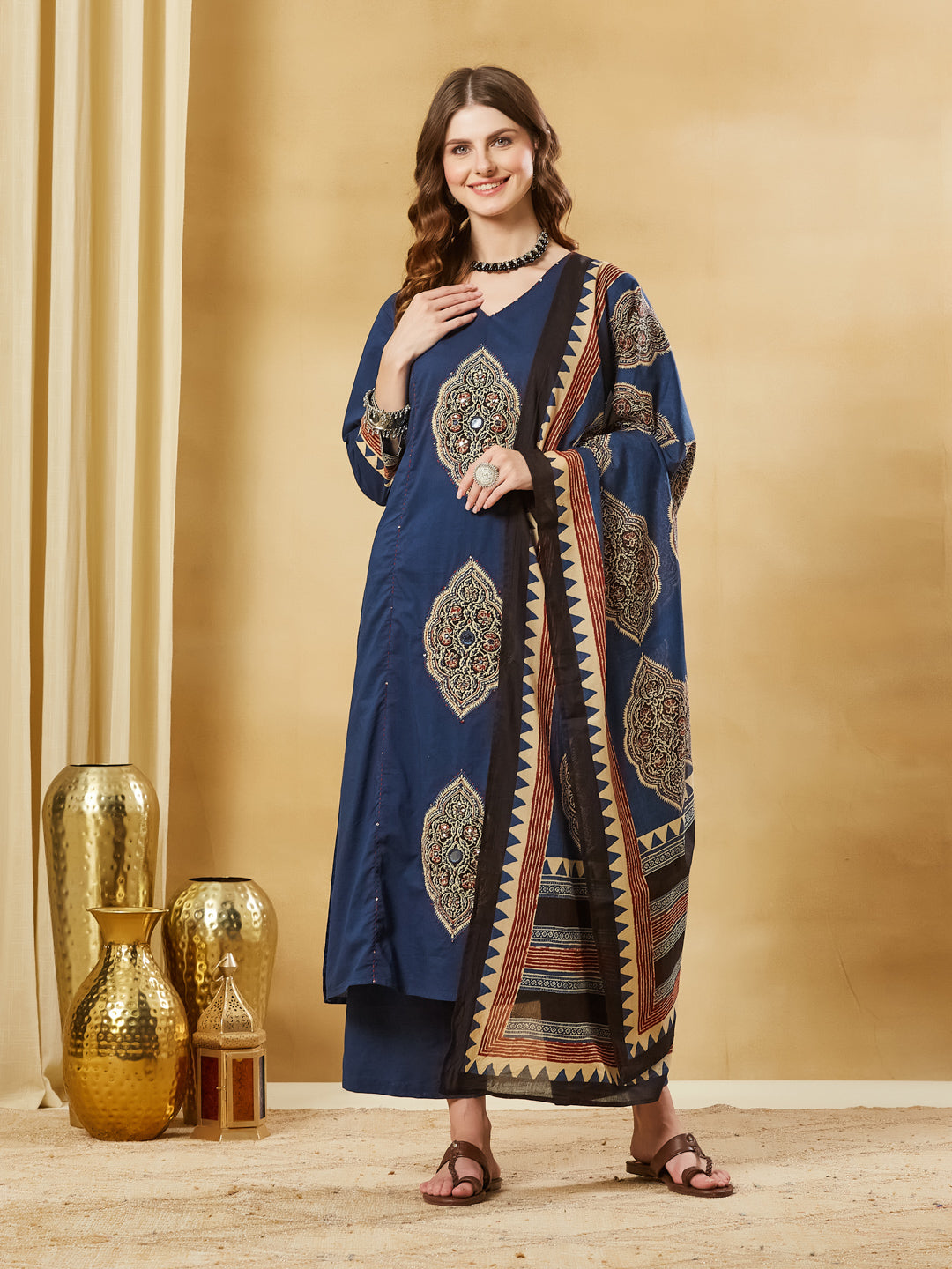 Divena Blue Ajrakh Print with Mirror Work Cotton Kurta Set With Dupatta