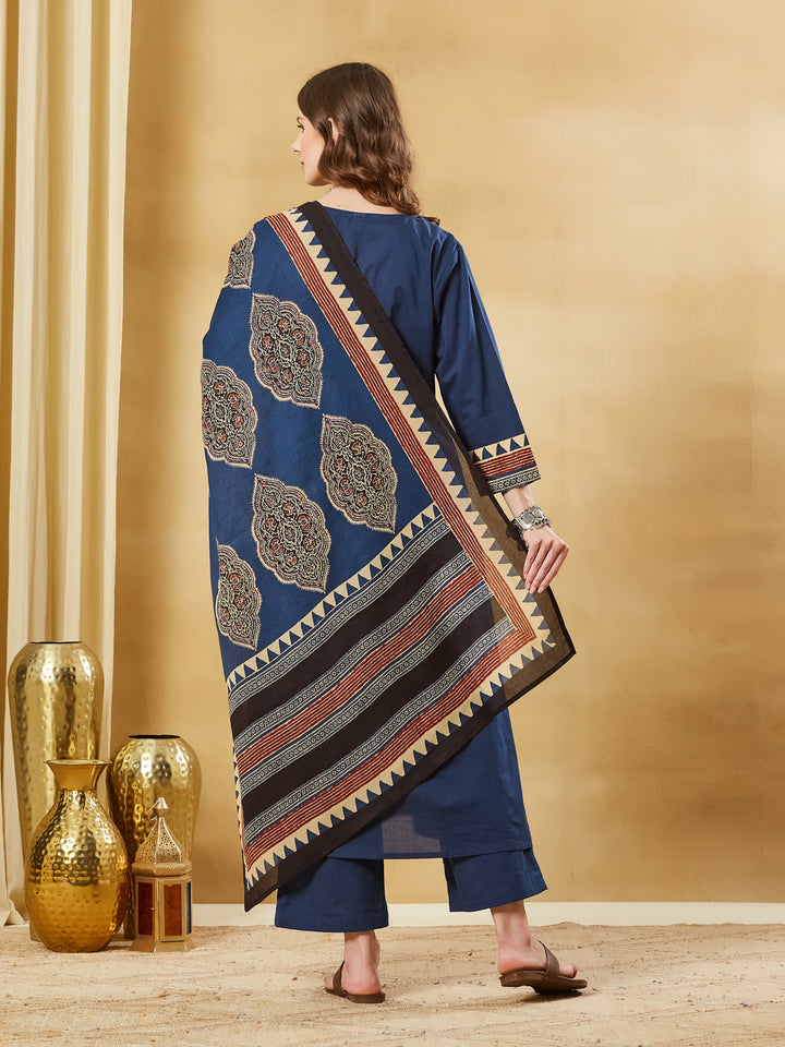 Divena Blue Ajrakh Print with Mirror Work Cotton Kurta Set With Dupatta