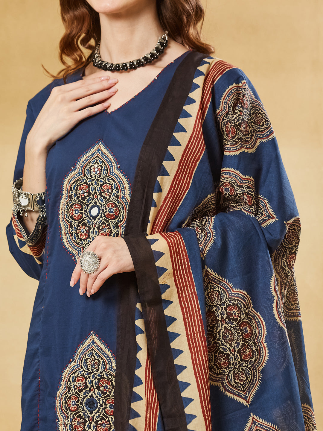 Divena Blue Ajrakh Print with Mirror Work Cotton Kurta Set With Dupatta