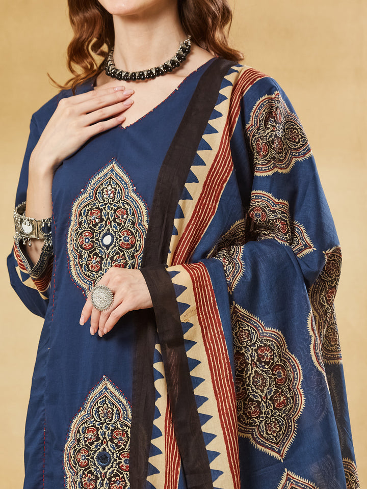 Divena Blue Ajrakh Print with Mirror Work Cotton Kurta Set With Dupatta