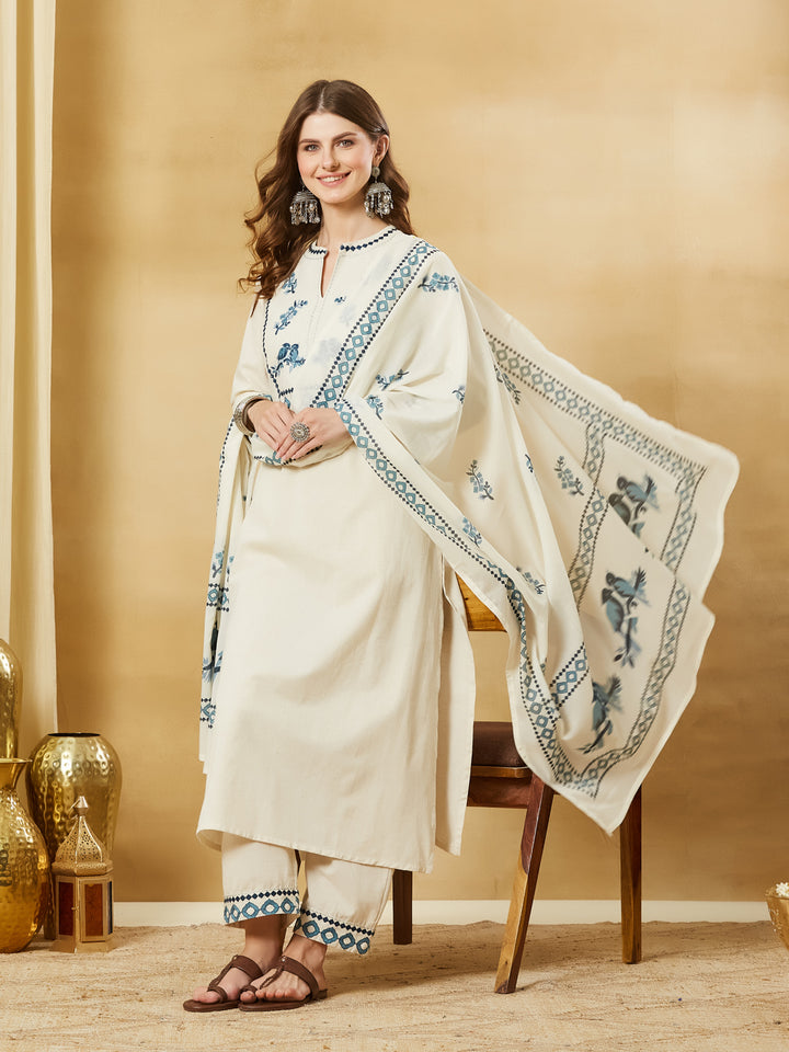 Divena Off White Blue Embroidary Cotton Kurta Pant Set