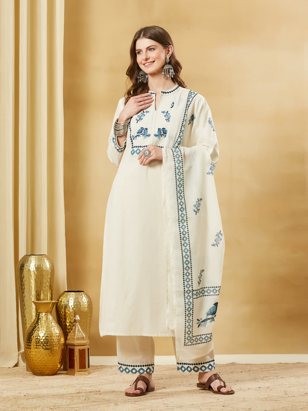 Divena Off White Blue Embroidary Cotton Kurta Pant Set