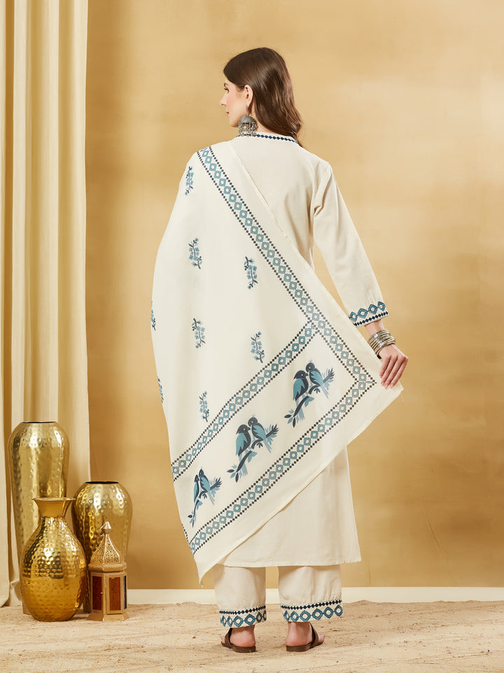 Divena Off White Blue Embroidary Cotton Kurta Pant Set