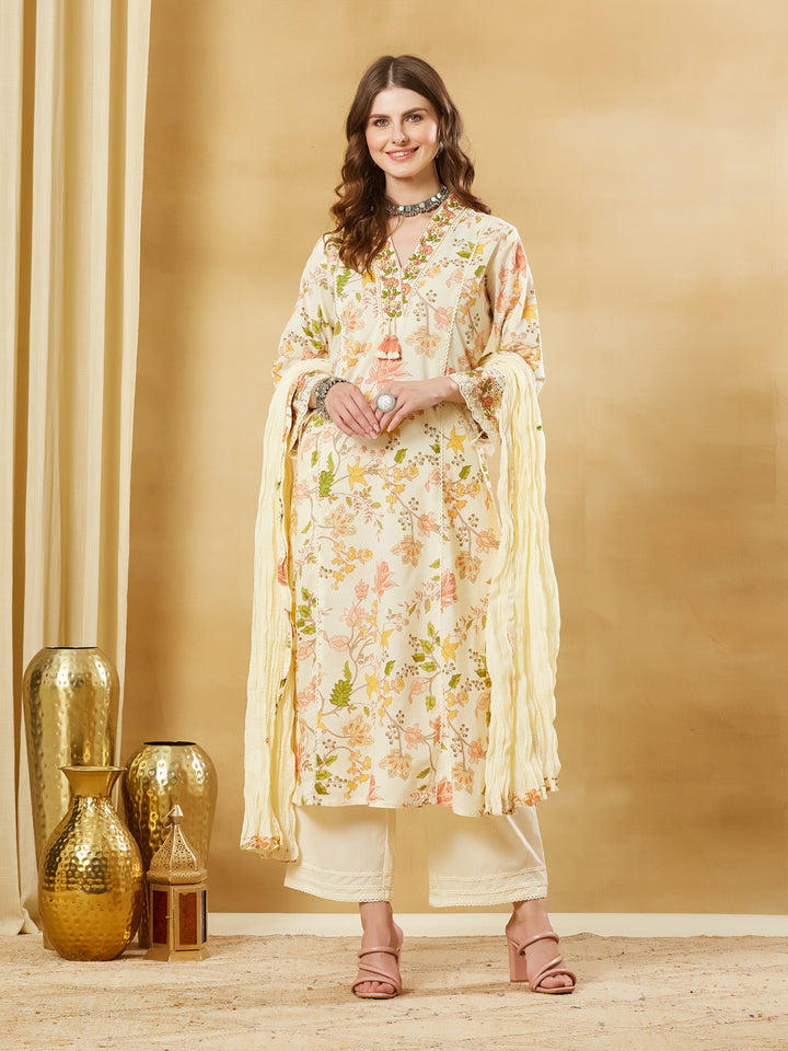 Divena White A-Line Cotton Kurta Pant Set With Dupatta