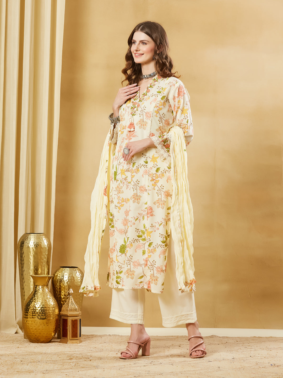 Divena White A-Line Cotton Kurta Pant Set With Dupatta