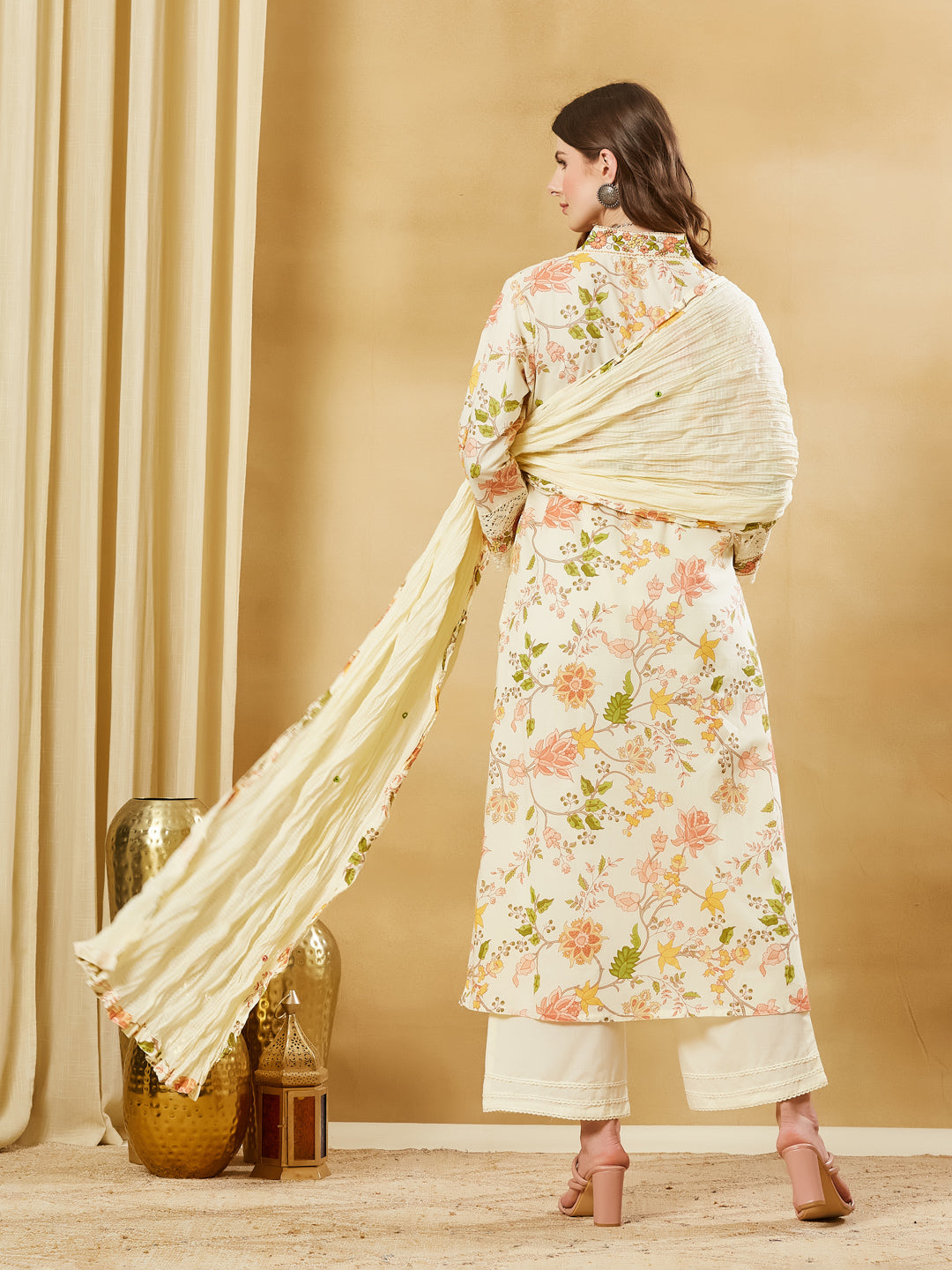 Divena White A-Line Cotton Kurta Pant Set With Dupatta