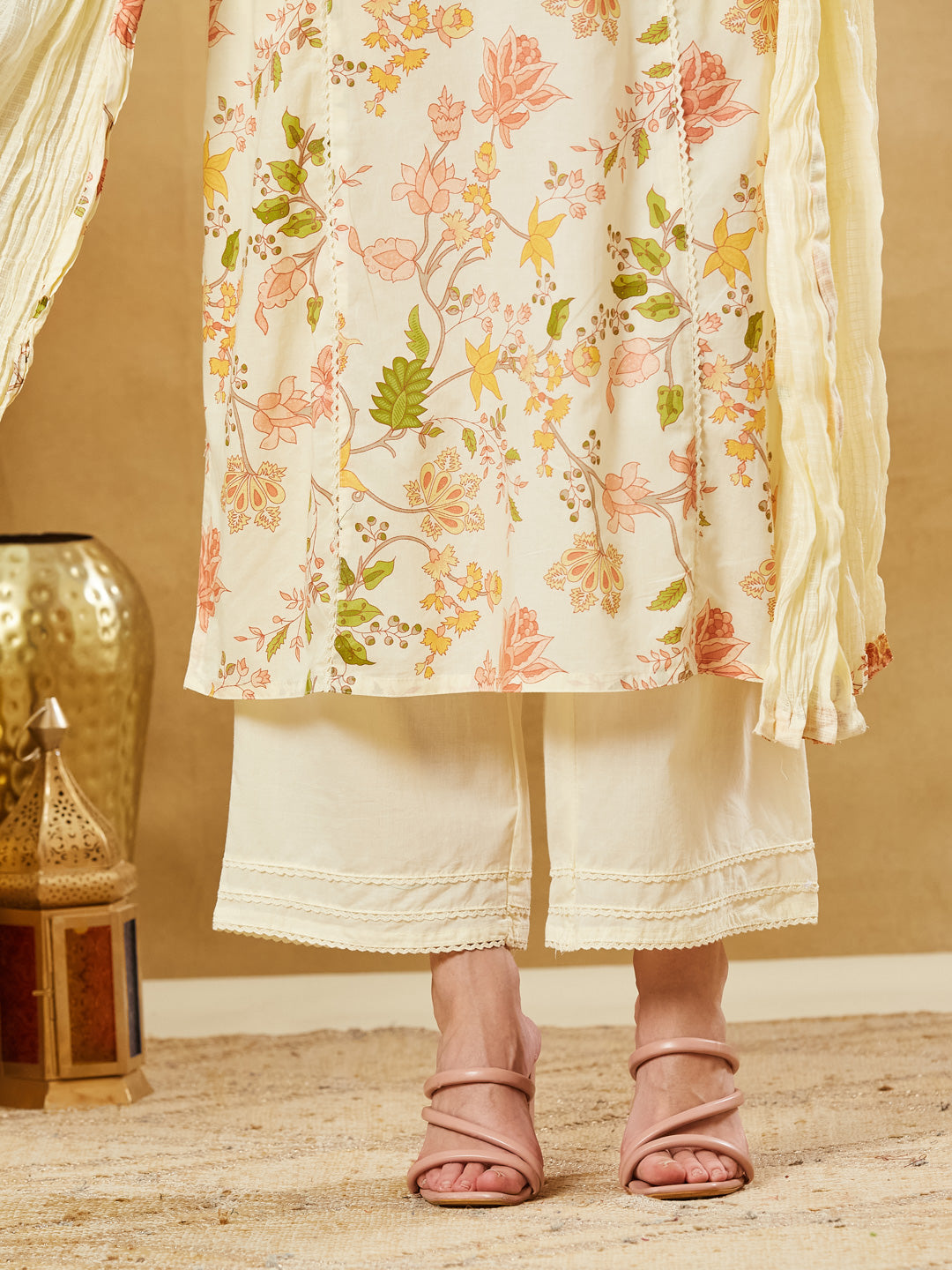 Divena White A-Line Cotton Kurta Pant Set With Dupatta