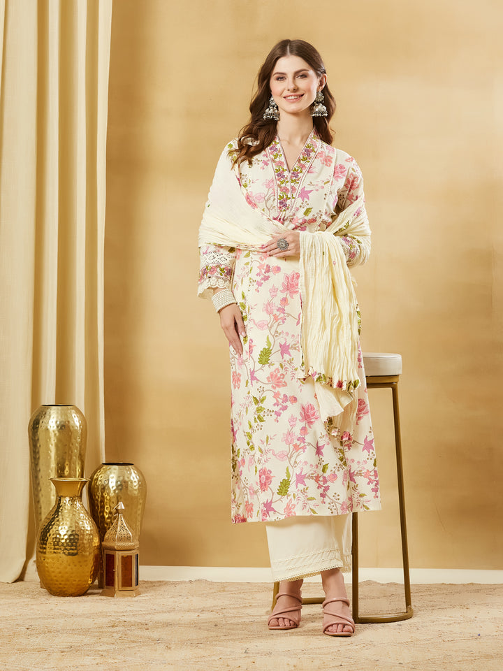 Divena White A-Line Cotton Kurta Pant Set With Dupatta