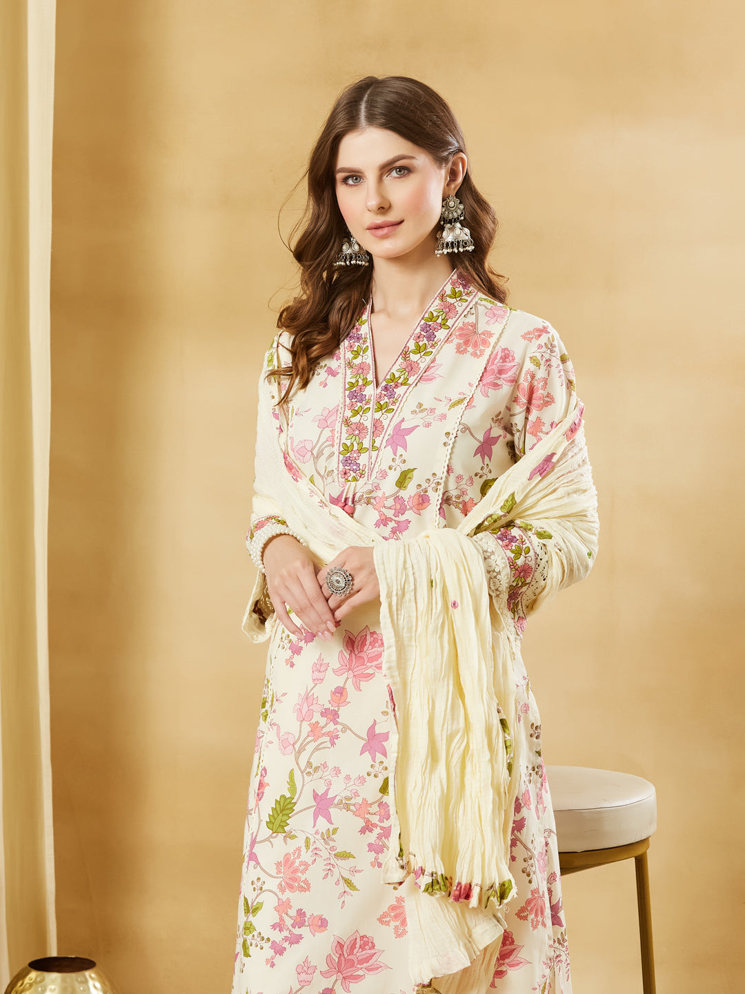 Divena White A-Line Cotton Kurta Pant Set With Dupatta