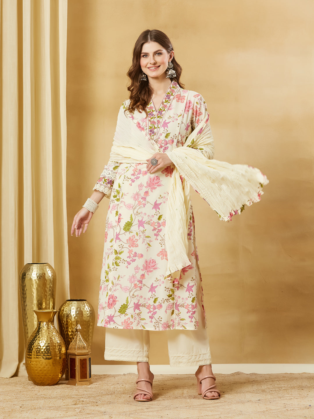 Divena White A-Line Cotton Kurta Pant Set With Dupatta