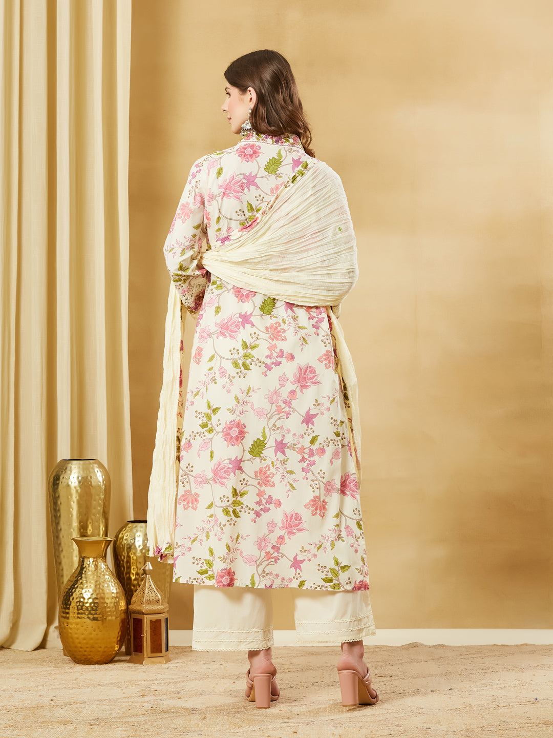 Divena White A-Line Cotton Kurta Pant Set With Dupatta