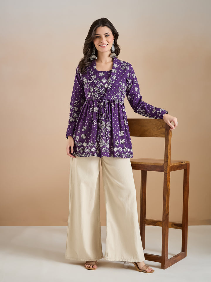 Divena Purple Bandhani Print Cotton Peplum Fit Top