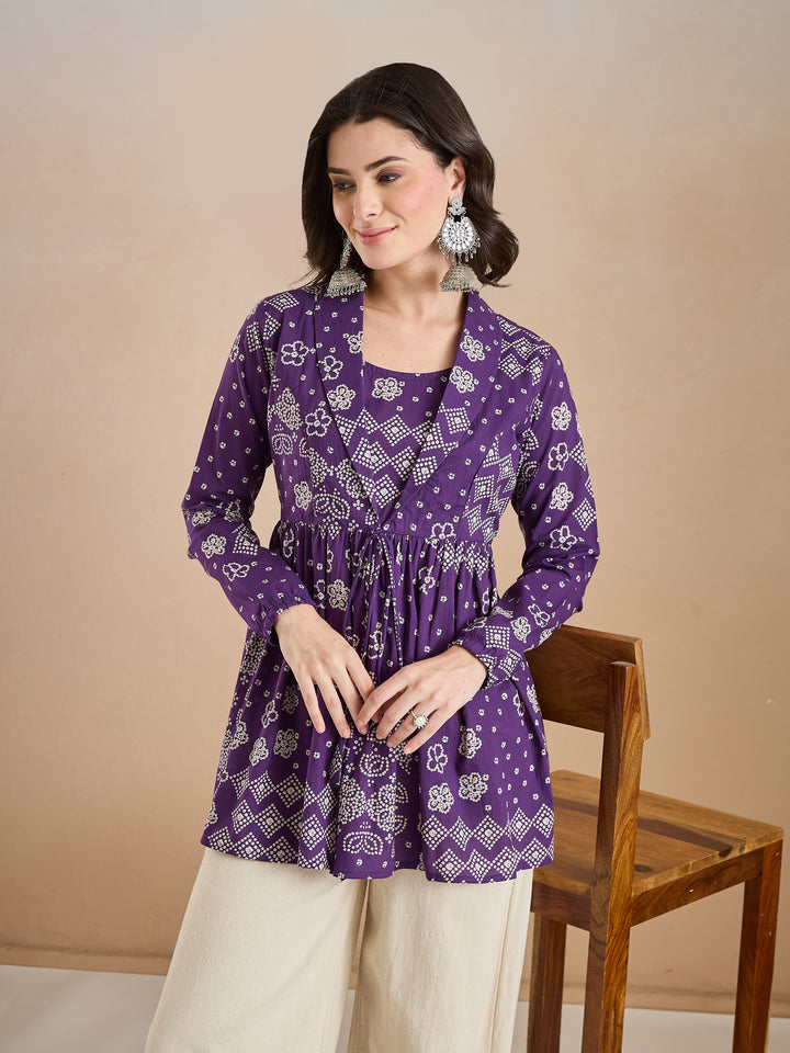 Divena Purple Bandhani Print Cotton Peplum Fit Top