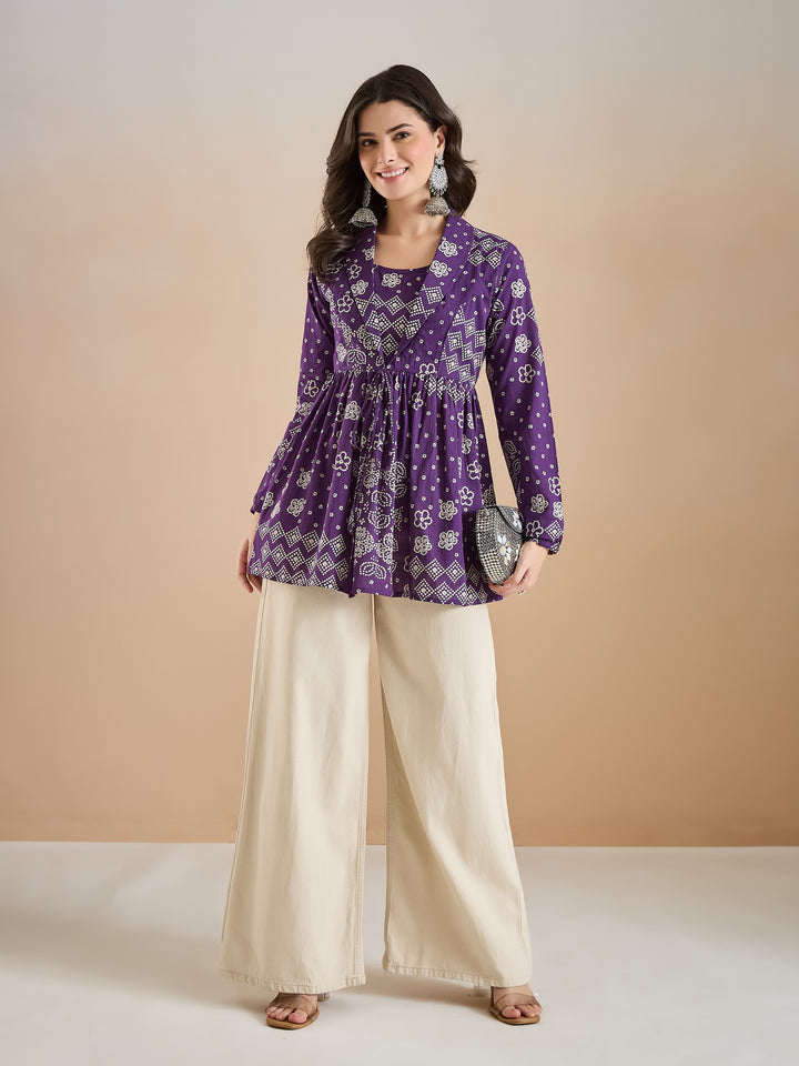 Divena Purple Bandhani Print Cotton Peplum Fit Top