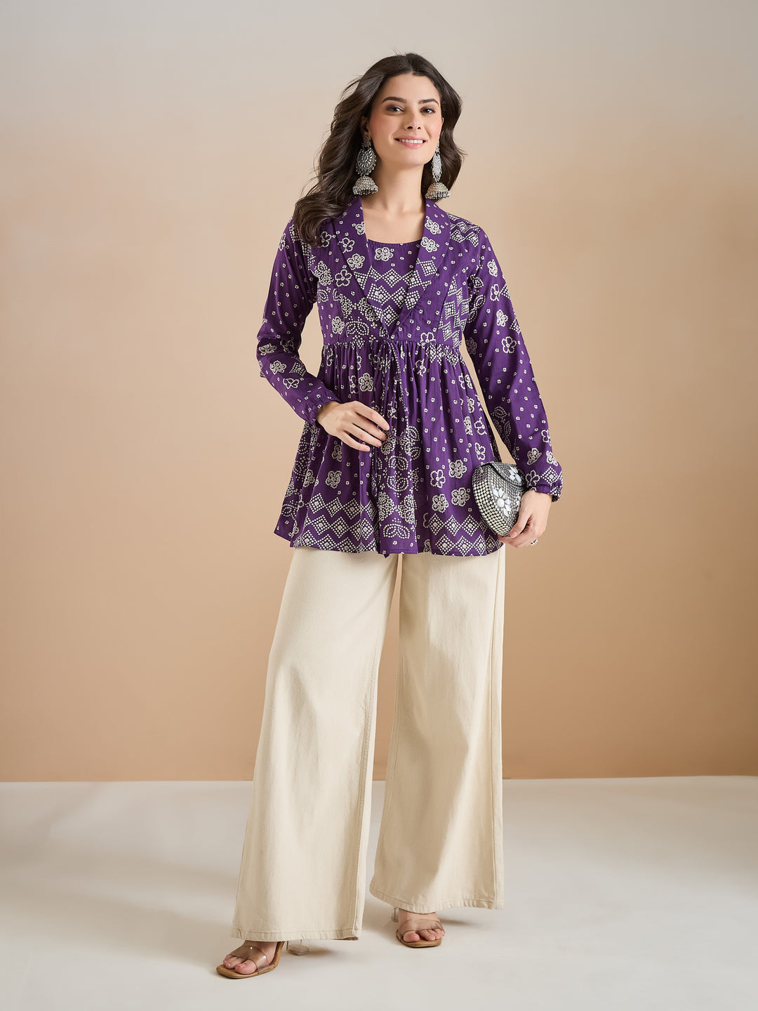 Divena Purple Bandhani Print Cotton Peplum Fit Top
