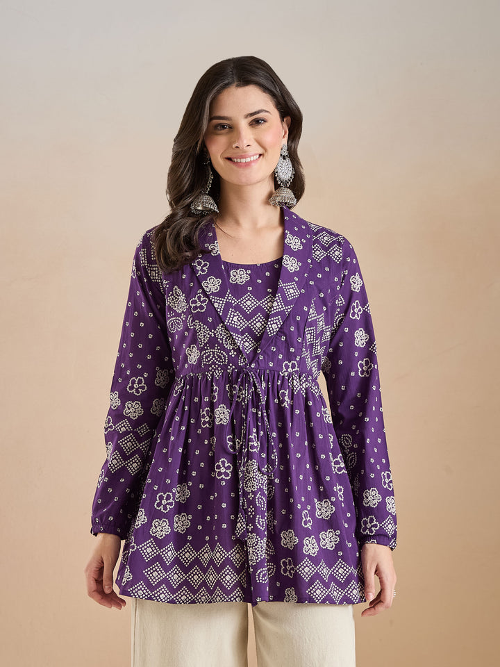 Divena Purple Bandhani Print Cotton Peplum Fit Top