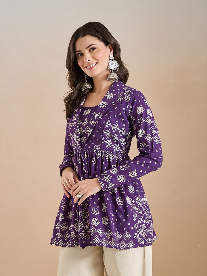 Divena Purple Bandhani Print Cotton Peplum Fit Top