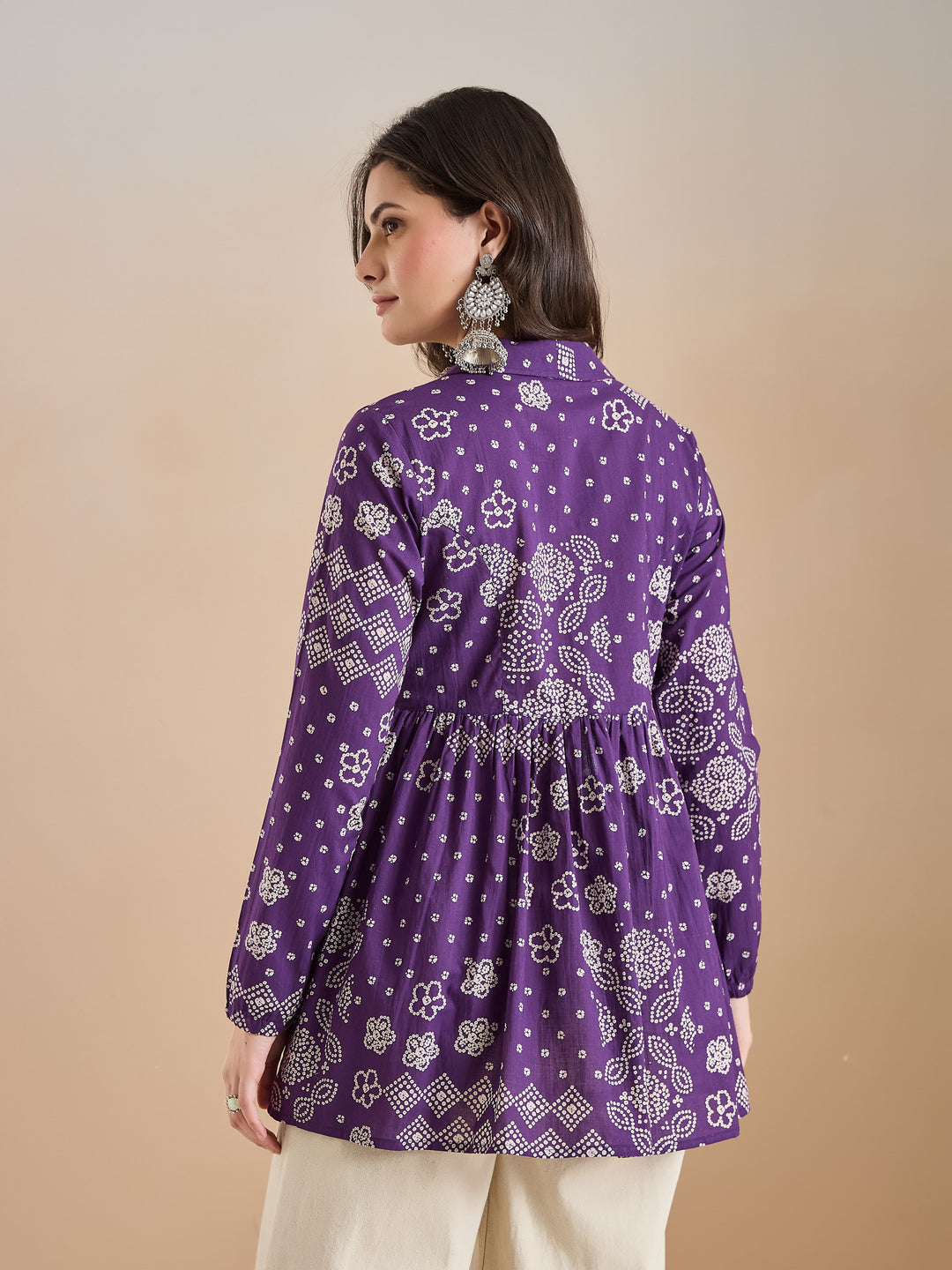 Divena Purple Bandhani Print Cotton Peplum Fit Top