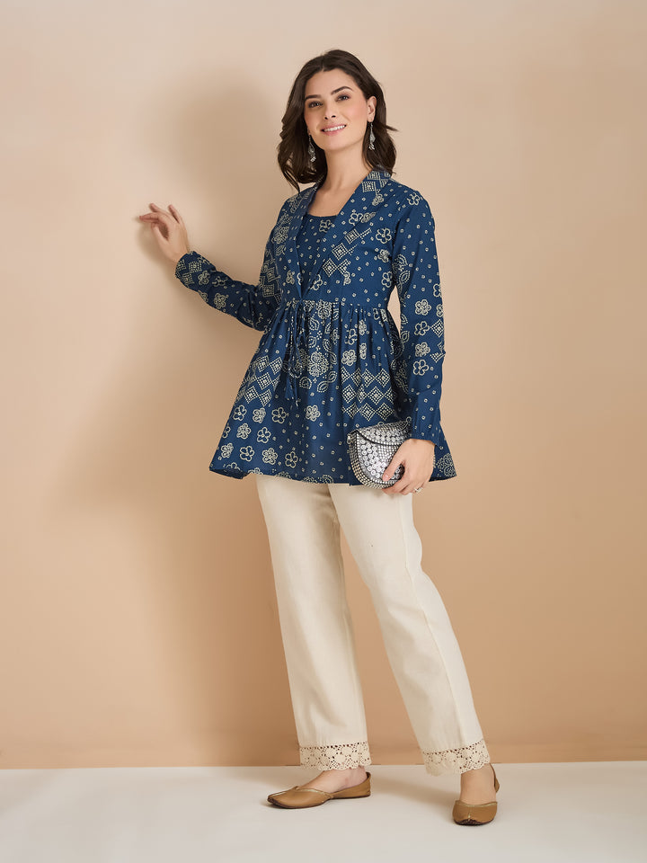 Divena Blue Bandhani Print Cotton Peplum Fit Top