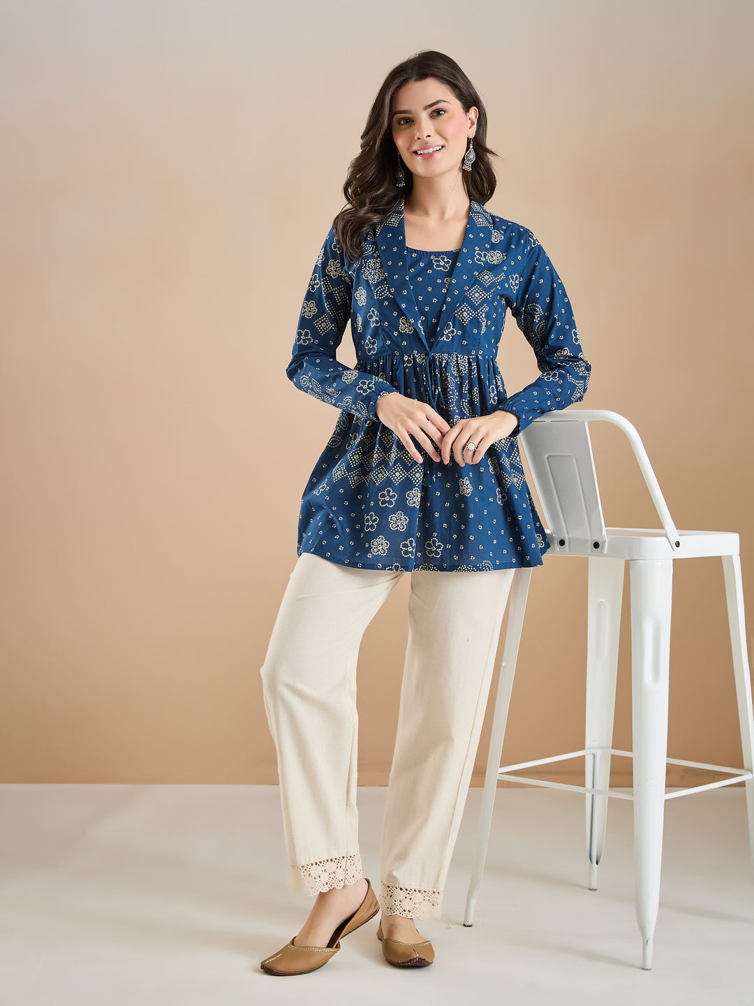 Divena Blue Bandhani Print Cotton Peplum Fit Top