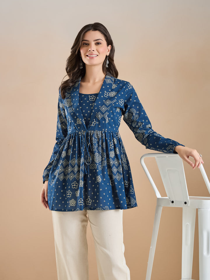 Divena Blue Bandhani Print Cotton Peplum Fit Top