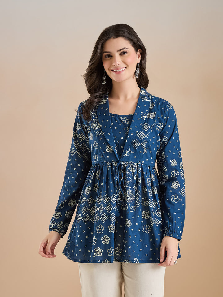 Divena Blue Bandhani Print Cotton Peplum Fit Top