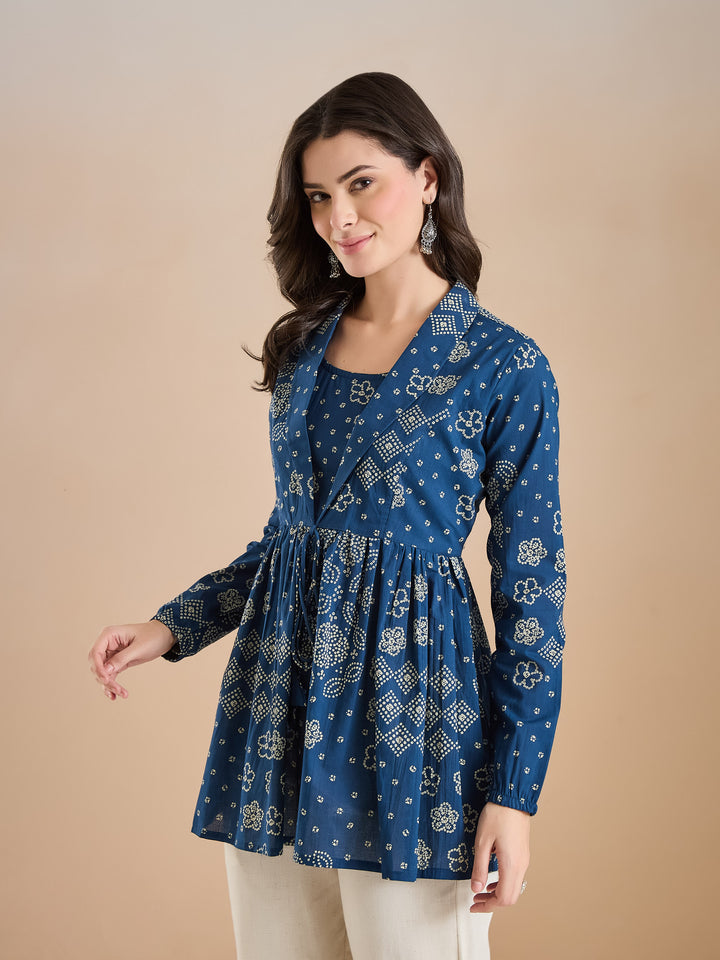 Divena Blue Bandhani Print Cotton Peplum Fit Top