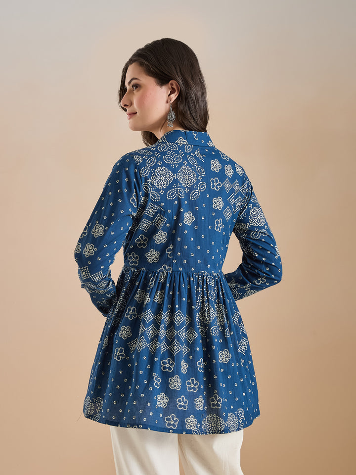 Divena Blue Bandhani Print Cotton Peplum Fit Top